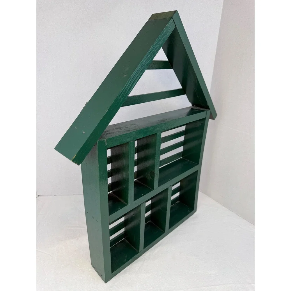 Vtg Green Granny Cottage Wooden House Shadow Box Wall Shelf Display Cubby 22.5in